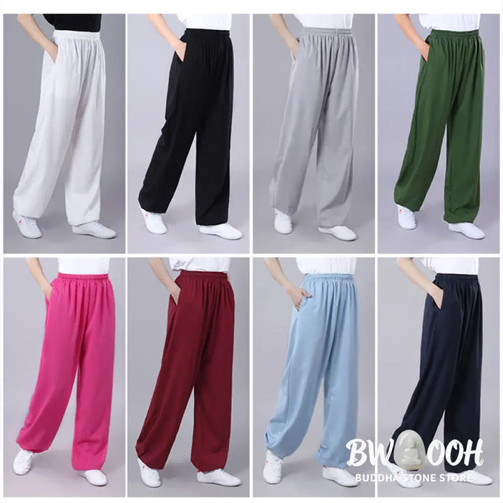 Buddha Stones Summer Unisex Elastic Waist Tai Chi Qigong Practice Breathable Cotton Linen Pants With Pockets - Unisex