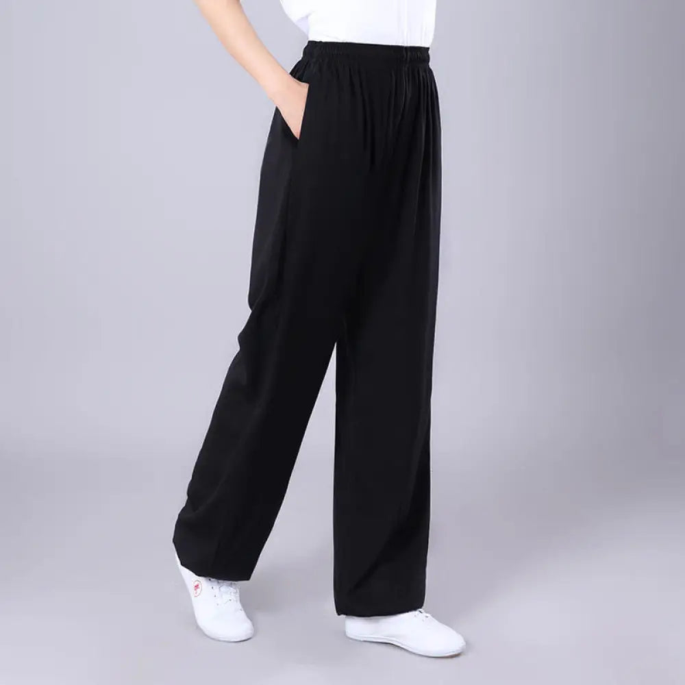 Buddha Stones Summer Unisex Elastic Waist Tai Chi Qigong Practice Breathable Cotton Linen Pants With Pockets - Black
