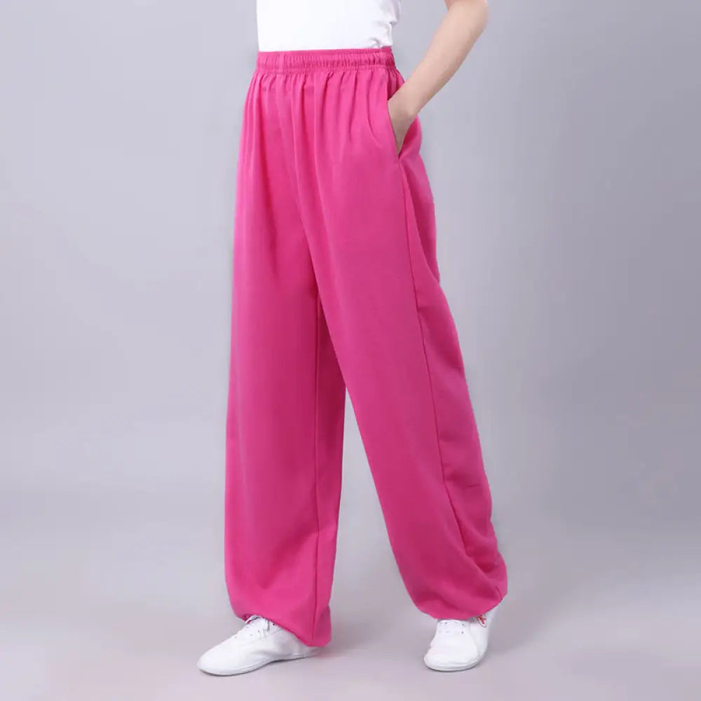 Buddha Stones Summer Unisex Elastic Waist Tai Chi Qigong Practice Breathable Cotton Linen Pants With Pockets - HotPink