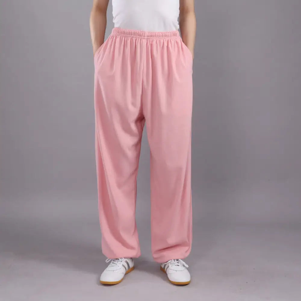 Buddha Stones Summer Unisex Elastic Waist Tai Chi Qigong Practice Breathable Cotton Linen Pants With Pockets - Pink
