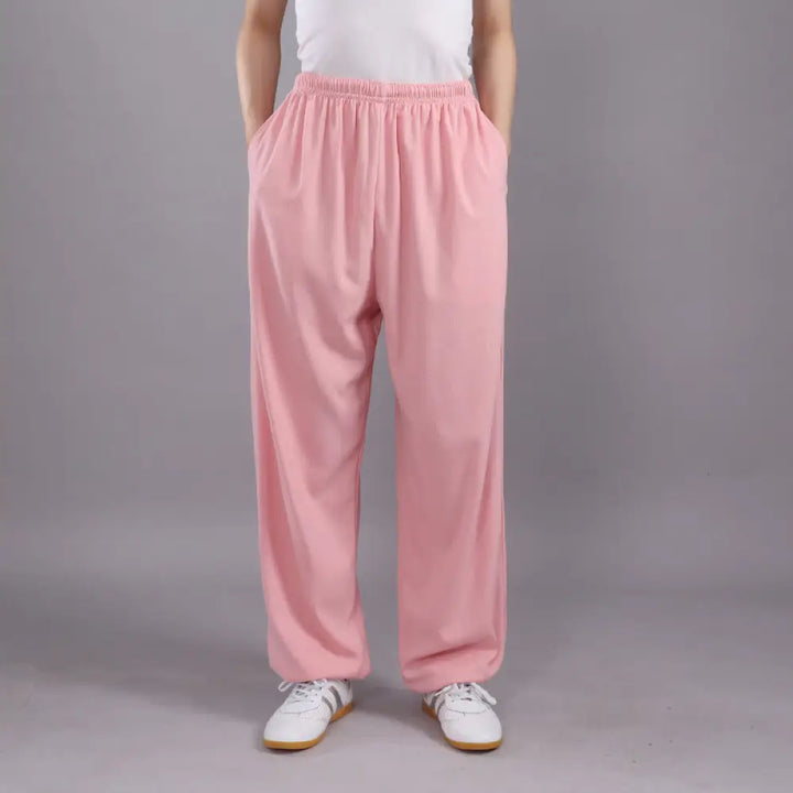 Buddha Stones Summer Unisex Elastic Waist Tai Chi Qigong Practice Breathable Cotton Linen Pants With Pockets - Pink