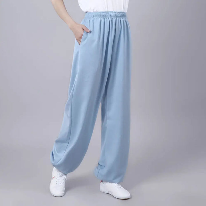 Buddha Stones Summer Unisex Elastic Waist Tai Chi Qigong Practice Breathable Cotton Linen Pants With Pockets - SkyBlue
