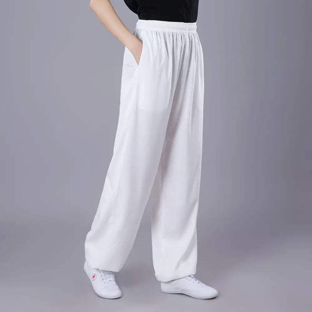 Buddha Stones Summer Unisex Elastic Waist Tai Chi Qigong Practice Breathable Cotton Linen Pants With Pockets - White