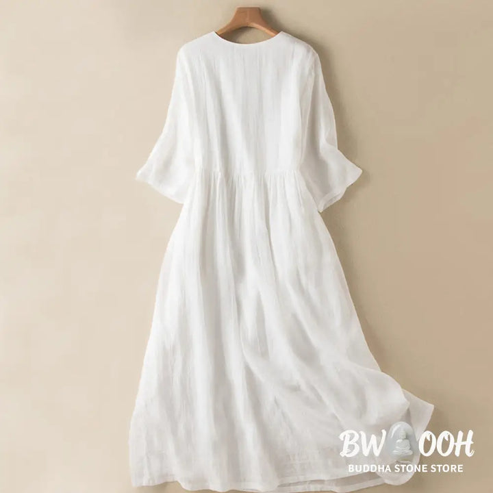 Buddha Stones Summer V-Neck Design Half Sleeve Cotton Midi Dress - Midi Dress