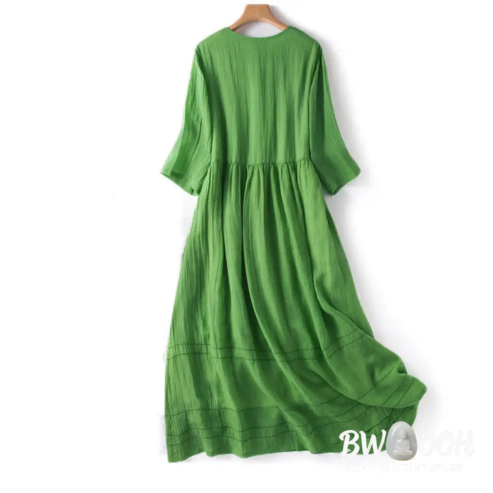 Buddha Stones Summer V-Neck Design Half Sleeve Cotton Midi Dress - Midi Dress