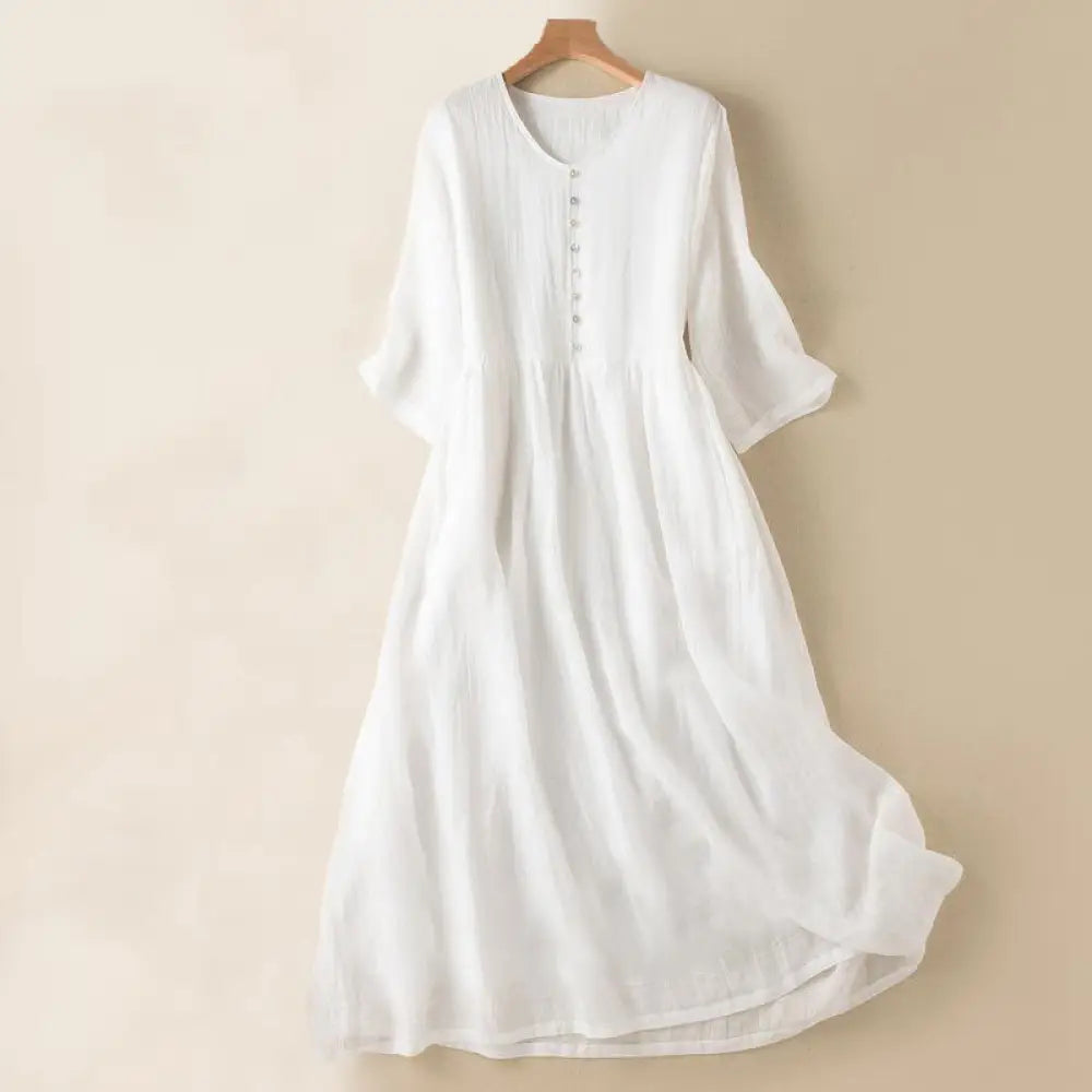 Buddha Stones Summer V-Neck Design Half Sleeve Cotton Midi Dress - White / US8-10，UK/AU12-14，EU40-42 (L) - Midi Dress