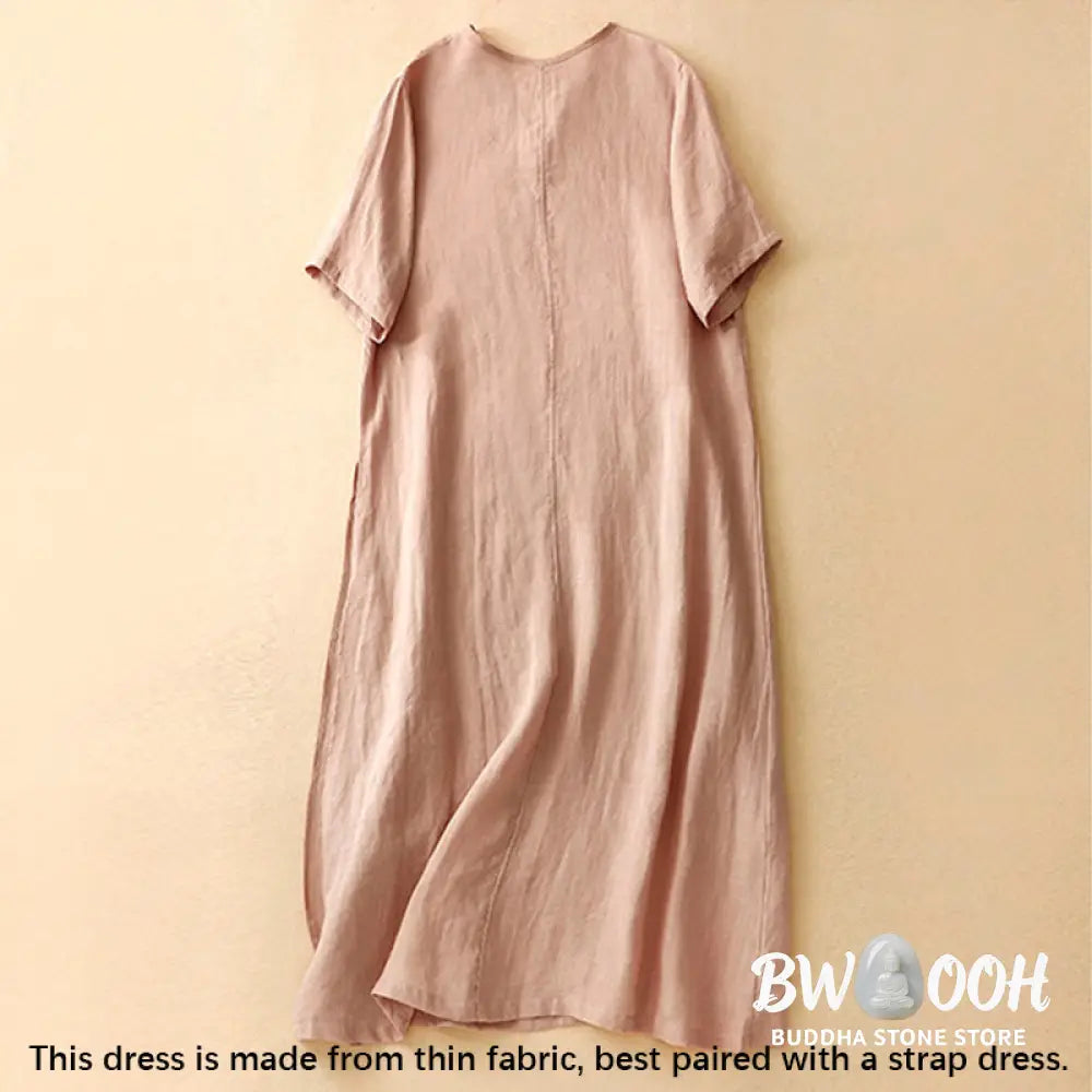 Buddha Stones Summer V-Neck Frog-Button Short Sleeve Cotton Linen Women’s Midi Dress - Midi Dress