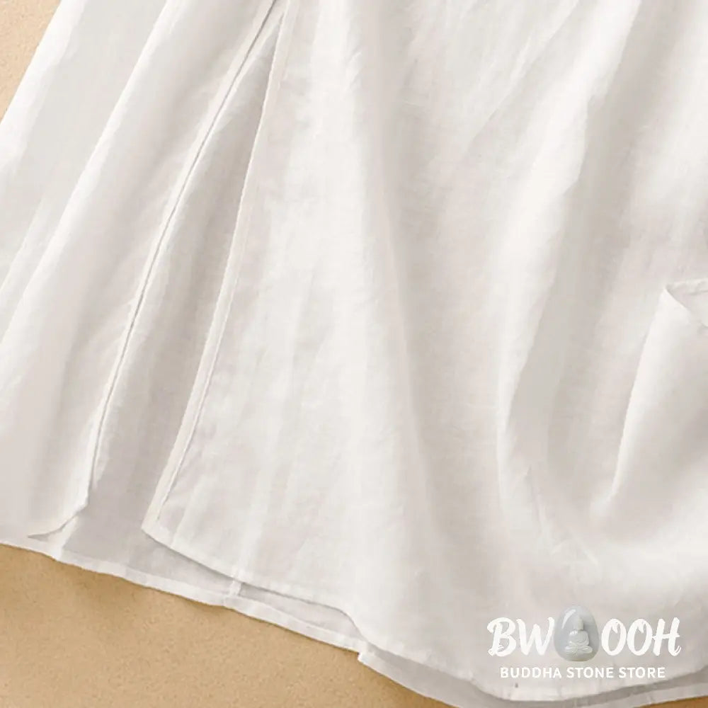 Buddha Stones Summer V-Neck Frog-Button Short Sleeve Cotton Linen Women’s Midi Dress - Midi Dress