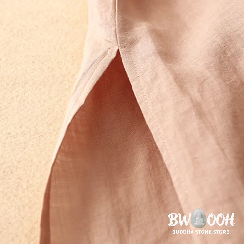 Buddha Stones Summer V-Neck Frog-Button Short Sleeve Cotton Linen Women’s Midi Dress - Midi Dress