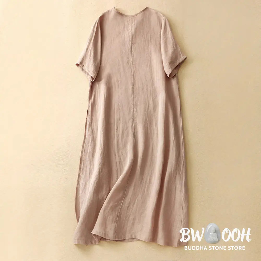 Buddha Stones Summer V-Neck Frog-Button Short Sleeve Cotton Linen Women’s Midi Dress - Midi Dress