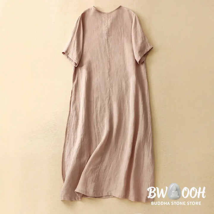 Buddha Stones Summer V-Neck Frog-Button Short Sleeve Cotton Linen Women’s Midi Dress - Midi Dress