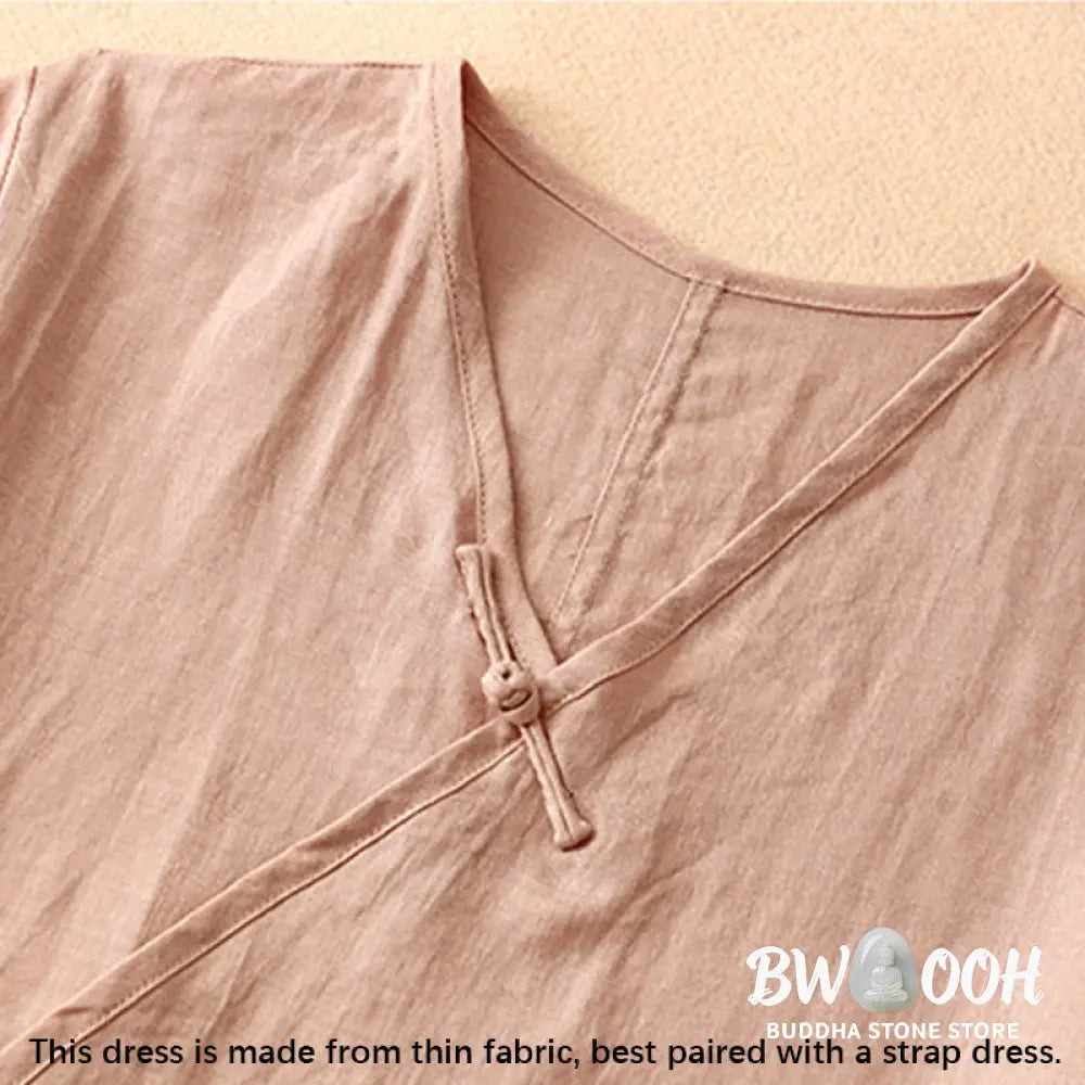 Buddha Stones Summer V-Neck Frog-Button Short Sleeve Cotton Linen Women’s Midi Dress - Midi Dress