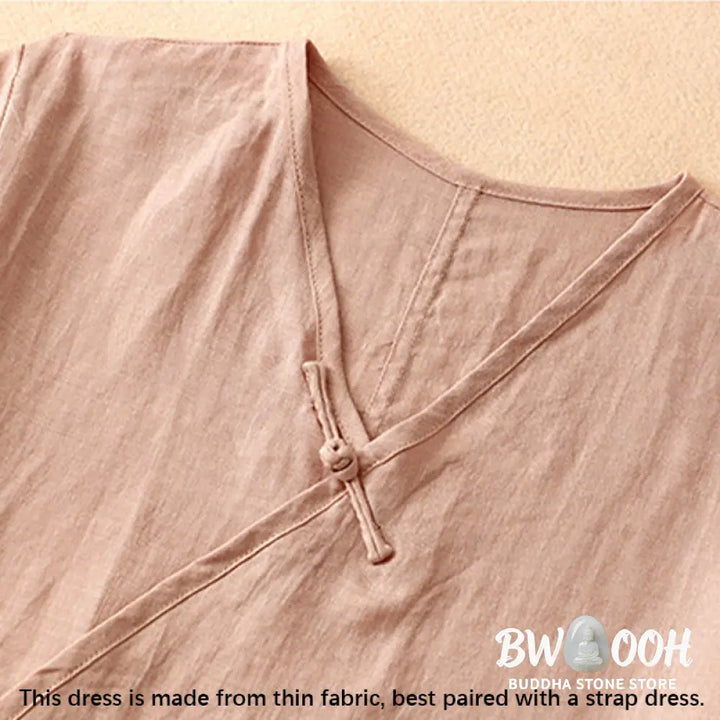 Buddha Stones Summer V-Neck Frog-Button Short Sleeve Cotton Linen Women’s Midi Dress - Midi Dress