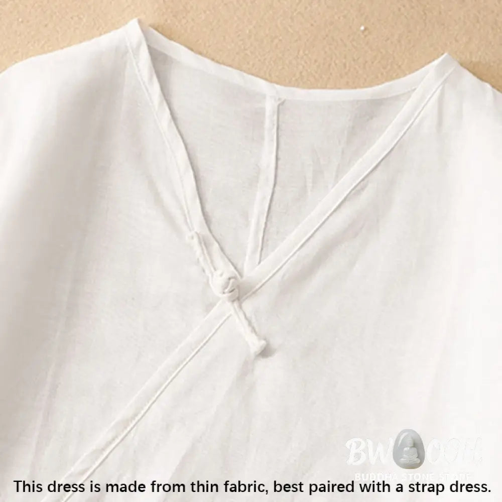 Buddha Stones Summer V-Neck Frog-Button Short Sleeve Cotton Linen Women’s Midi Dress - Midi Dress