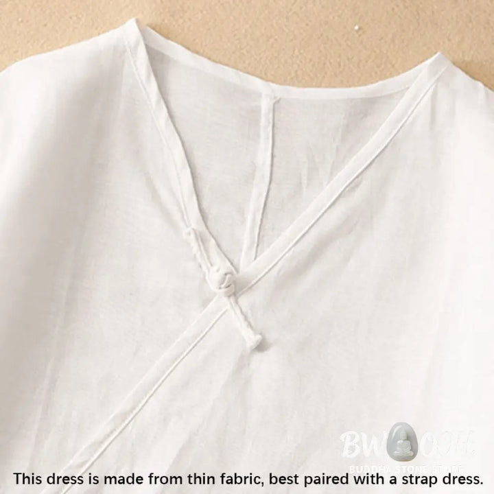 Buddha Stones Summer V-Neck Frog-Button Short Sleeve Cotton Linen Women’s Midi Dress - Midi Dress