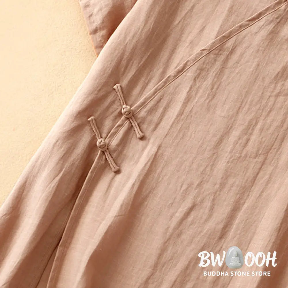 Buddha Stones Summer V-Neck Frog-Button Short Sleeve Cotton Linen Women’s Midi Dress - Midi Dress