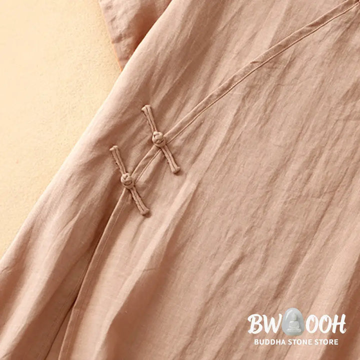 Buddha Stones Summer V-Neck Frog-Button Short Sleeve Cotton Linen Women’s Midi Dress - Midi Dress