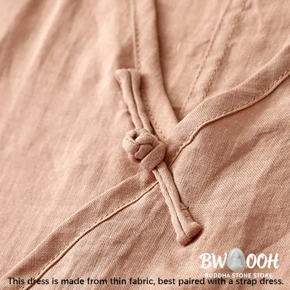 Buddha Stones Summer V-Neck Frog-Button Short Sleeve Cotton Linen Women’s Midi Dress - Midi Dress