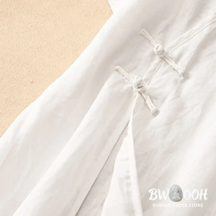 Buddha Stones Summer V-Neck Frog-Button Short Sleeve Cotton Linen Women’s Midi Dress - Midi Dress