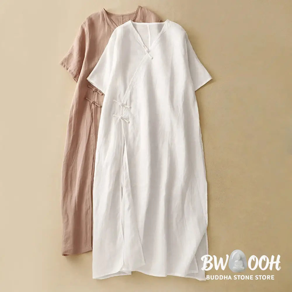 Buddha Stones Summer V-Neck Frog-Button Short Sleeve Cotton Linen Women’s Midi Dress - Midi Dress