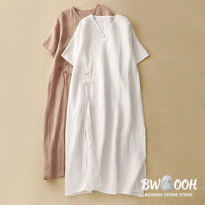 Buddha Stones Summer V-Neck Frog-Button Short Sleeve Cotton Linen Women’s Midi Dress - Midi Dress