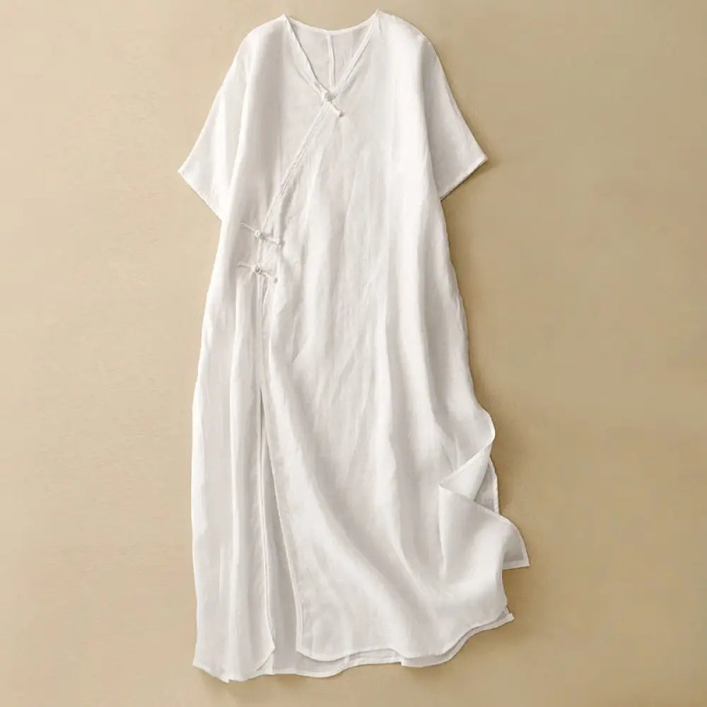 Buddha Stones Summer V-Neck Frog-Button Short Sleeve Cotton Linen Women’s Midi Dress - White / US4，UK/AU8，EU36 (L)