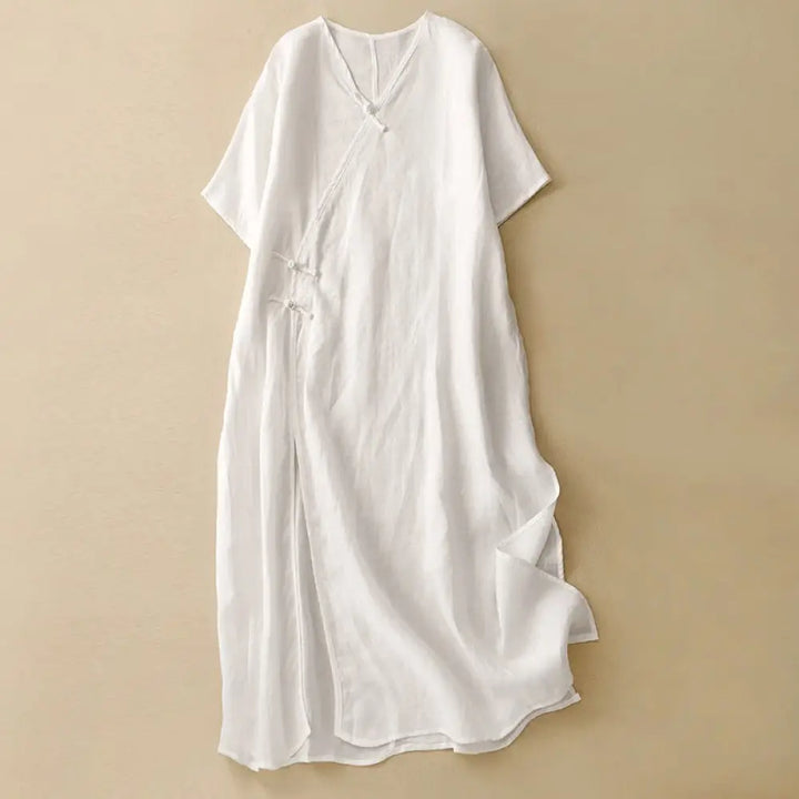 Buddha Stones Summer V-Neck Frog-Button Short Sleeve Cotton Linen Women’s Midi Dress - White / US4，UK/AU8，EU36 (L)