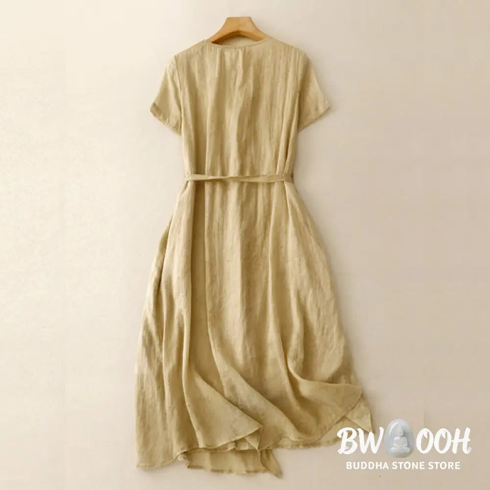 Buddha Stones Summer V-Neck Lace-up Short Sleeve Cotton Linen Women’s Midi Dress With Pockets - Midi Dress