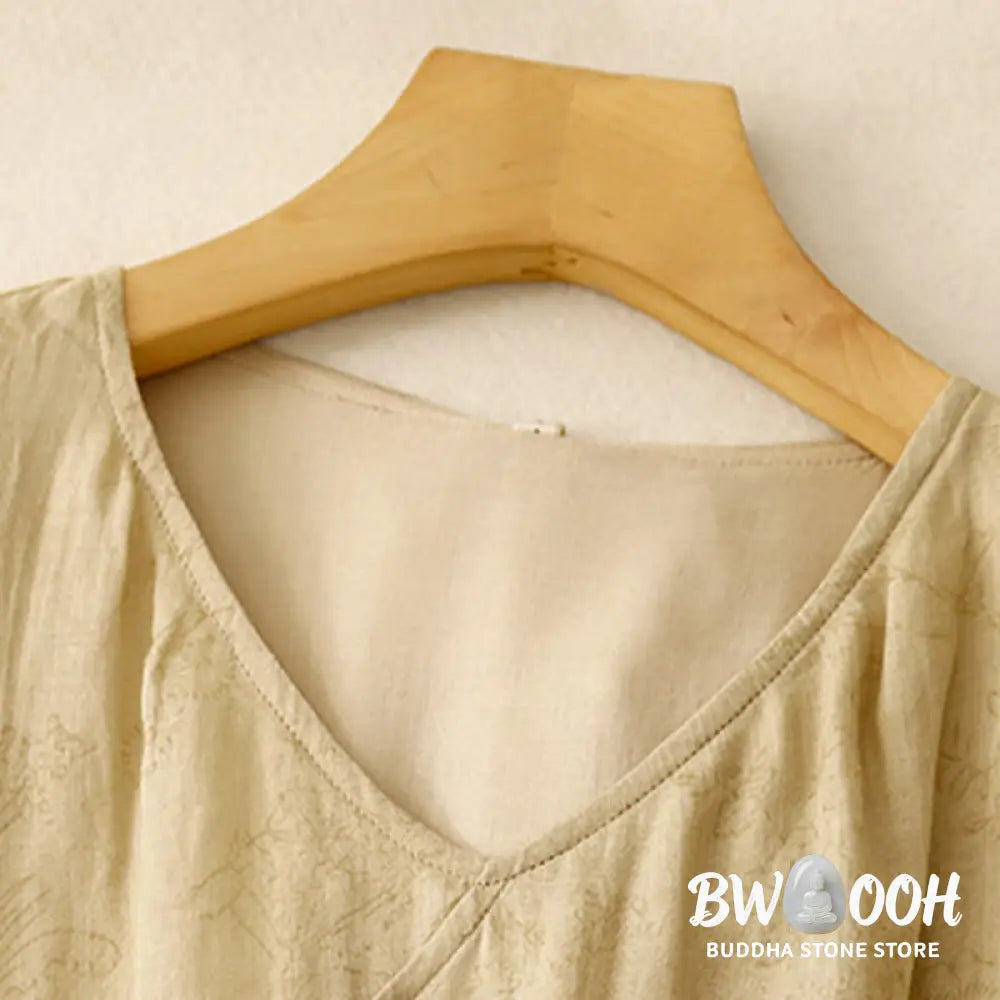 Buddha Stones Summer V-Neck Lace-up Short Sleeve Cotton Linen Women’s Midi Dress With Pockets - Midi Dress