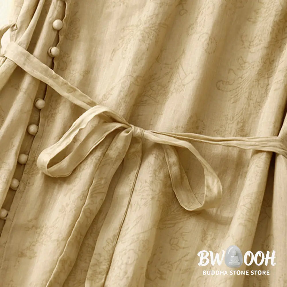 Buddha Stones Summer V-Neck Lace-up Short Sleeve Cotton Linen Women’s Midi Dress With Pockets - Midi Dress