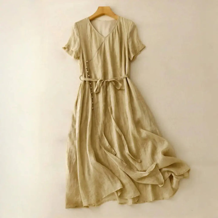 BWOOOH Summer V-Neck Lace-up Short Sleeve Cotton Linen Wo