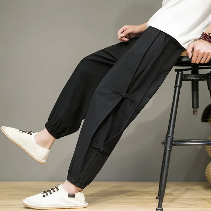 Buddha Stones Summer Vintage Drawstring Chinese Frog-Button Design Men’s Cotton Linen Harem Pants With Pockets - Black
