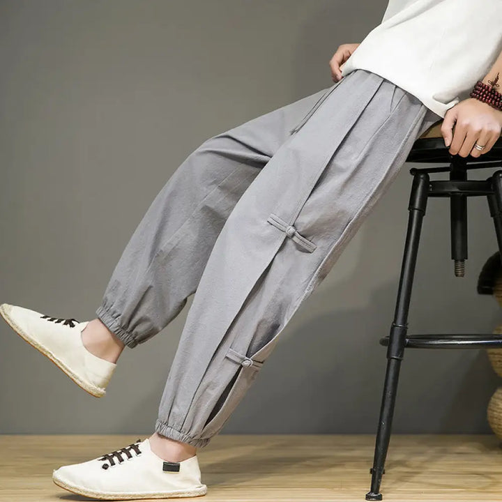 Buddha Stones Summer Vintage Drawstring Chinese Frog-Button Design Men’s Cotton Linen Harem Pants With Pockets - Silver