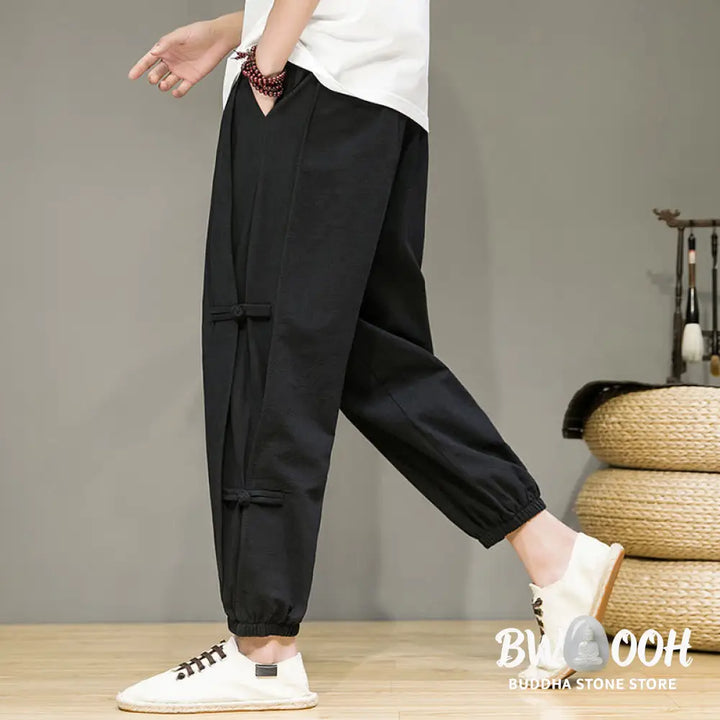 Buddha Stones Summer Vintage Drawstring Chinese Frog-Button Design Men’s Cotton Linen Harem Pants With Pockets - Men’s