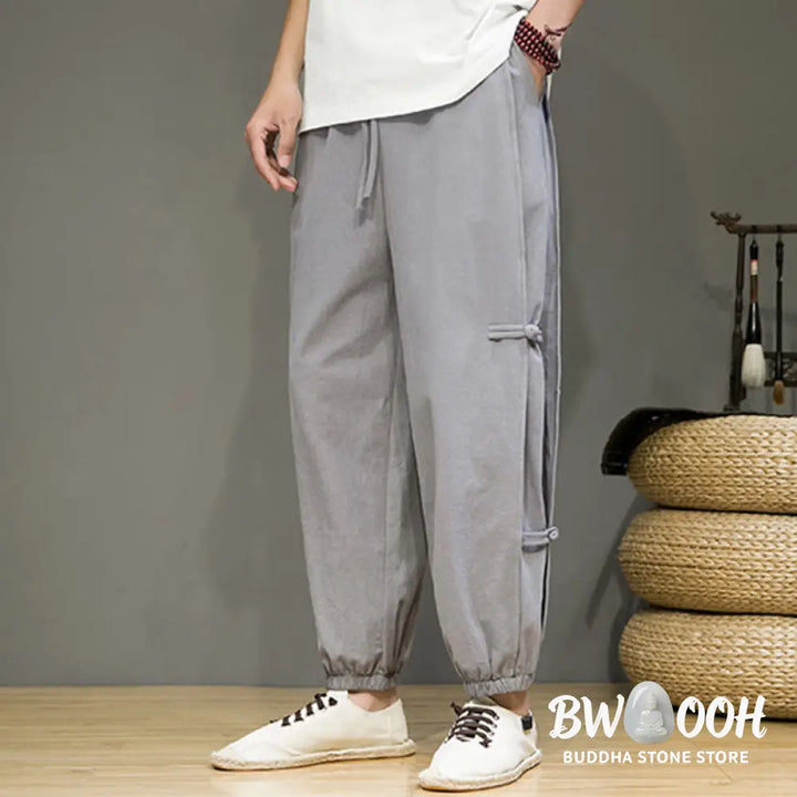 Buddha Stones Summer Vintage Drawstring Chinese Frog-Button Design Men’s Cotton Linen Harem Pants With Pockets - Men’s