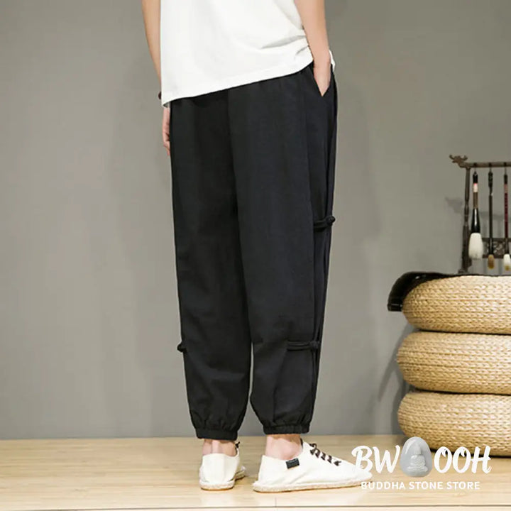 Buddha Stones Summer Vintage Drawstring Chinese Frog-Button Design Men’s Cotton Linen Harem Pants With Pockets - Men’s