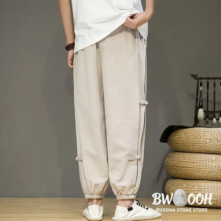 Buddha Stones Summer Vintage Drawstring Chinese Frog-Button Design Men’s Cotton Linen Harem Pants With Pockets - Men’s