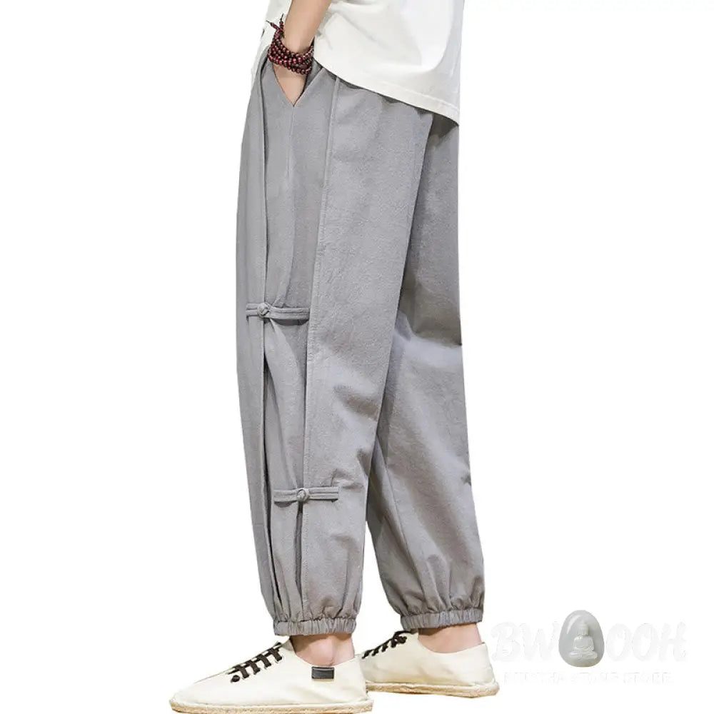 Buddha Stones Summer Vintage Drawstring Chinese Frog-Button Design Men’s Cotton Linen Harem Pants With Pockets - Men’s