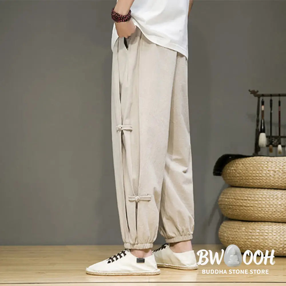 Buddha Stones Summer Vintage Drawstring Chinese Frog-Button Design Men’s Cotton Linen Harem Pants With Pockets - Men’s