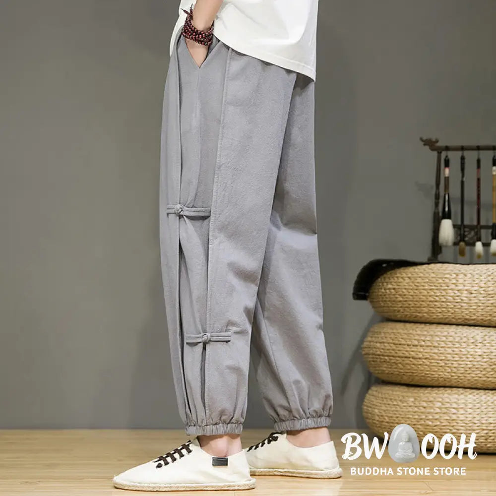 Buddha Stones Summer Vintage Drawstring Chinese Frog-Button Design Men’s Cotton Linen Harem Pants With Pockets - Men’s