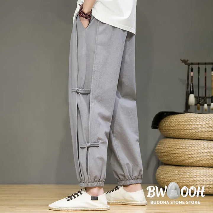 Buddha Stones Summer Vintage Drawstring Chinese Frog-Button Design Men’s Cotton Linen Harem Pants With Pockets - Men’s