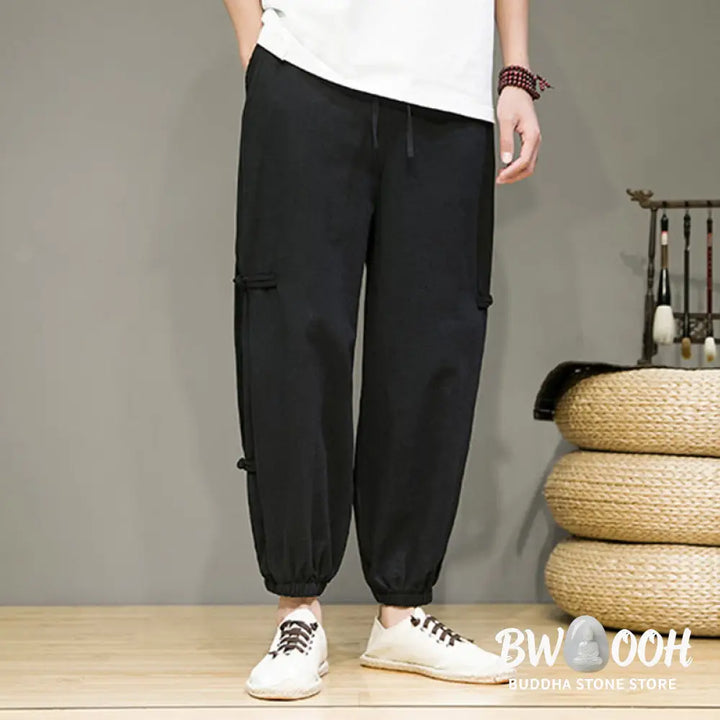 Buddha Stones Summer Vintage Drawstring Chinese Frog-Button Design Men’s Cotton Linen Harem Pants With Pockets - Men’s