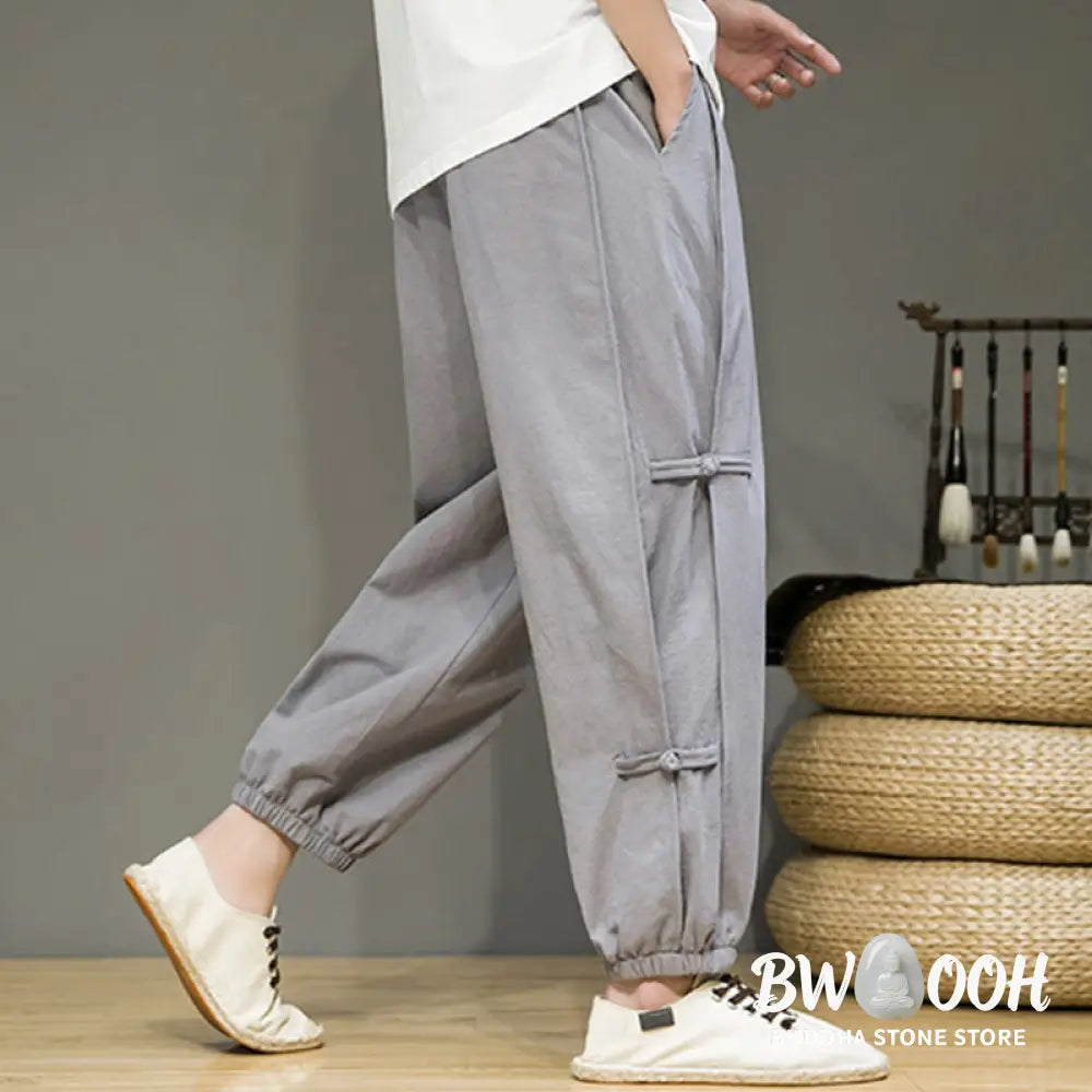 Buddha Stones Summer Vintage Drawstring Chinese Frog-Button Design Men’s Cotton Linen Harem Pants With Pockets - Men’s