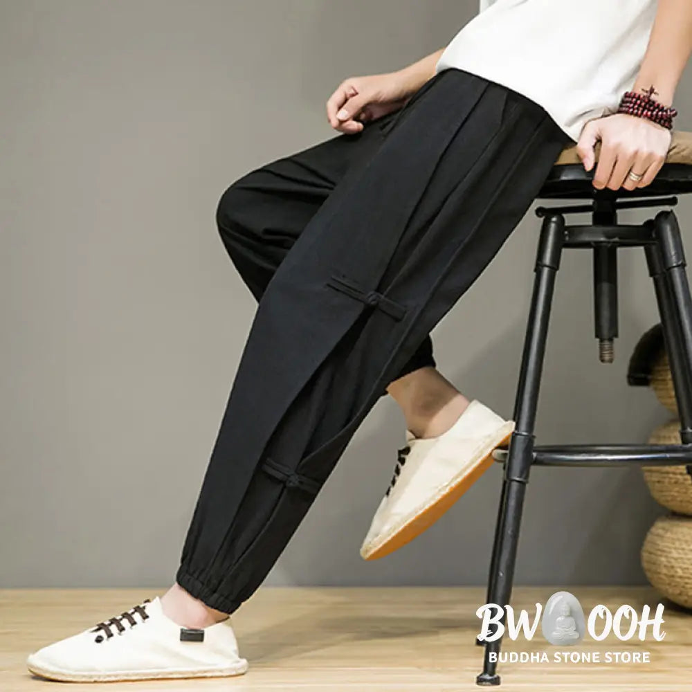 Buddha Stones Summer Vintage Drawstring Chinese Frog-Button Design Men’s Cotton Linen Harem Pants With Pockets - Men’s