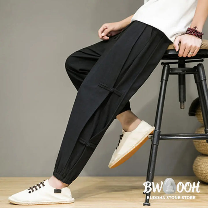 Buddha Stones Summer Vintage Drawstring Chinese Frog-Button Design Men’s Cotton Linen Harem Pants With Pockets - Men’s
