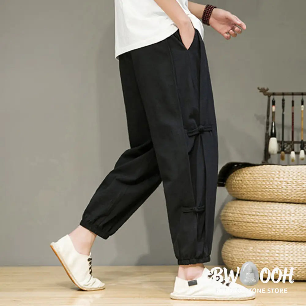 Buddha Stones Summer Vintage Drawstring Chinese Frog-Button Design Men’s Cotton Linen Harem Pants With Pockets - Men’s