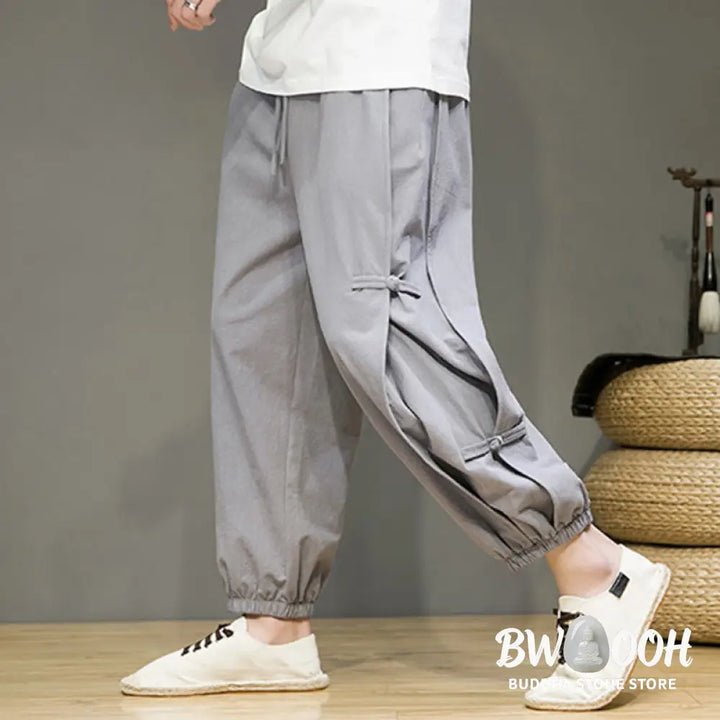 Buddha Stones Summer Vintage Drawstring Chinese Frog-Button Design Men’s Cotton Linen Harem Pants With Pockets - Men’s