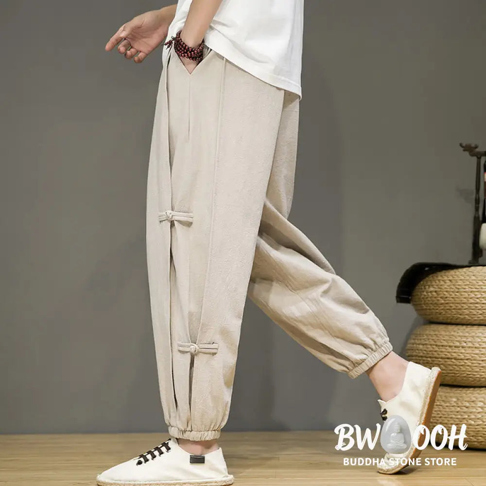 Buddha Stones Summer Vintage Drawstring Chinese Frog-Button Design Men’s Cotton Linen Harem Pants With Pockets - Men’s