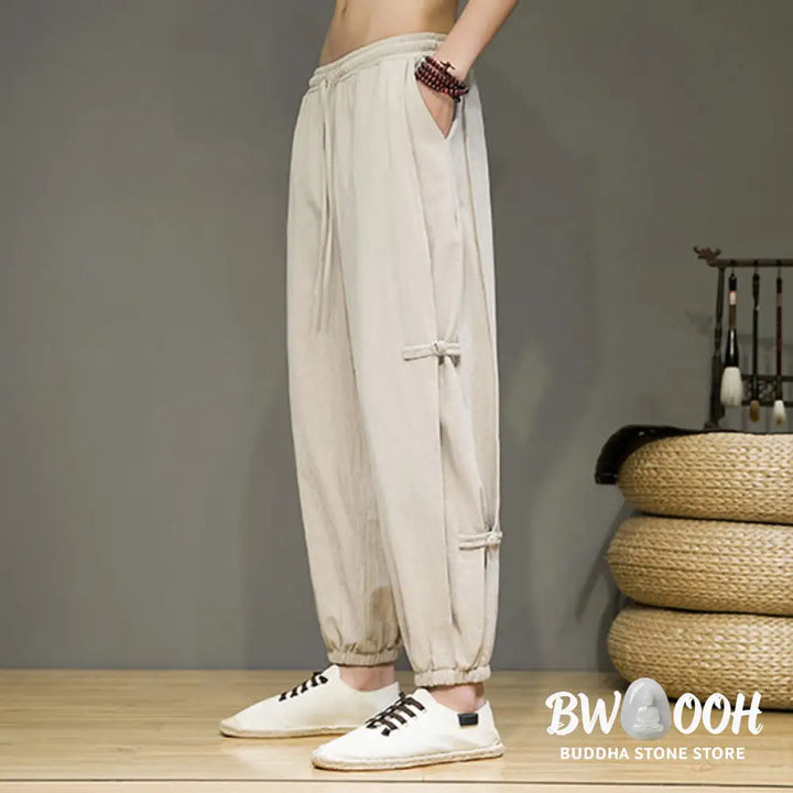 Buddha Stones Summer Vintage Drawstring Chinese Frog-Button Design Men’s Cotton Linen Harem Pants With Pockets - Men’s