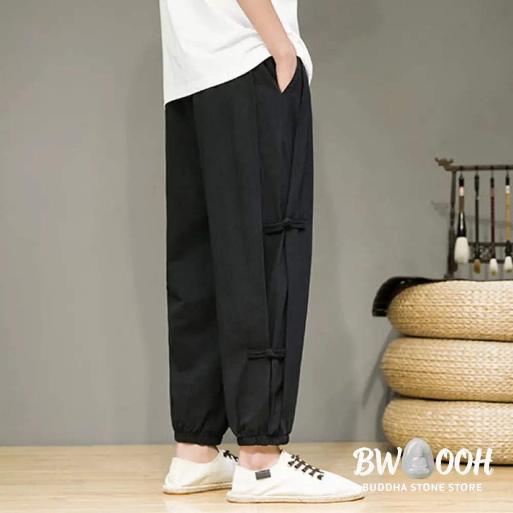 Buddha Stones Summer Vintage Drawstring Chinese Frog-Button Design Men’s Cotton Linen Harem Pants With Pockets - Men’s